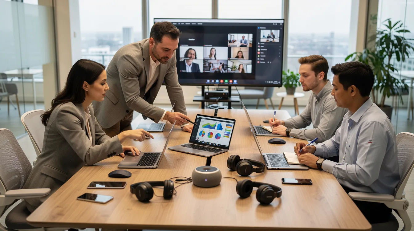 A diverse team collaborates around advanced office technology, utilizing automation tools to optimize workflows and streamline business processes. They focus on automating repetitive tasks and enhancing project management through efficient data handling and continuous monitoring for improved productivity and reduced operational costs.