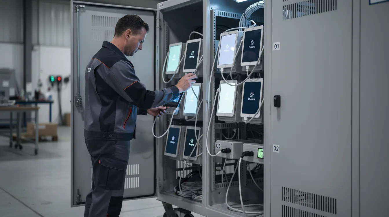 A technician is inspecting tablet charging bays inside a secure metal locker cabinet, ensuring that multiple devices are efficiently charged while managing current flow to prevent battery damage. This setup provides a safe charging solution for schools and offices, allowing users to store and charge their tablets and laptops overnight without the risk of overheating.