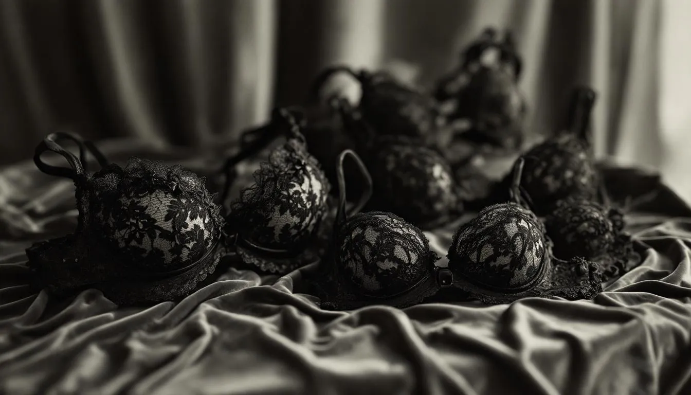 Different styles of black lace bralets displayed together, showcasing their range.