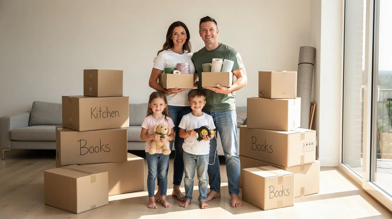A family stands together among stacks of moving boxes in a bright, empty living room, preparing for their upcoming relocation. This scene reflects the excitement and anticipation of a long distance move, showcasing the need for reliable moving services and professional movers.
