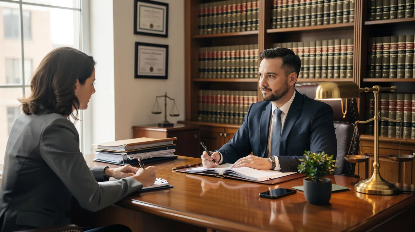 The image depicts a professional consultation meeting between an attorney and a client in a law office, where they discuss important topics related to personal guarantees and the implications of business defaults. The attorney is providing guidance on how to protect personal assets and navigate loan obligations, ensuring the client understands their potential personal liability in business agreements.