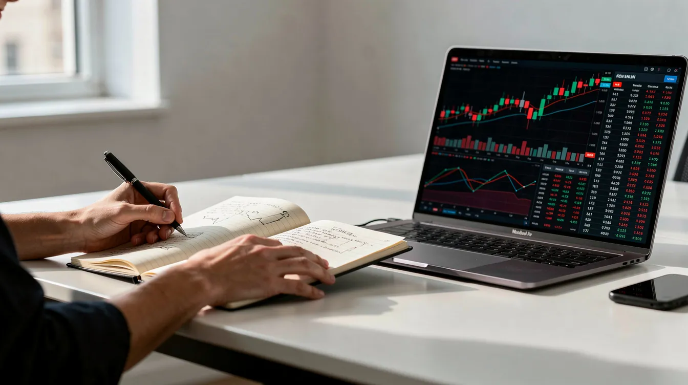 The image shows a person focused on writing notes in a notebook, while financial charts displayed on a computer screen highlight various trading strategies and market data. This scene reflects the process of analyzing historical data and backtesting trading strategies to evaluate their potential performance in financial markets.