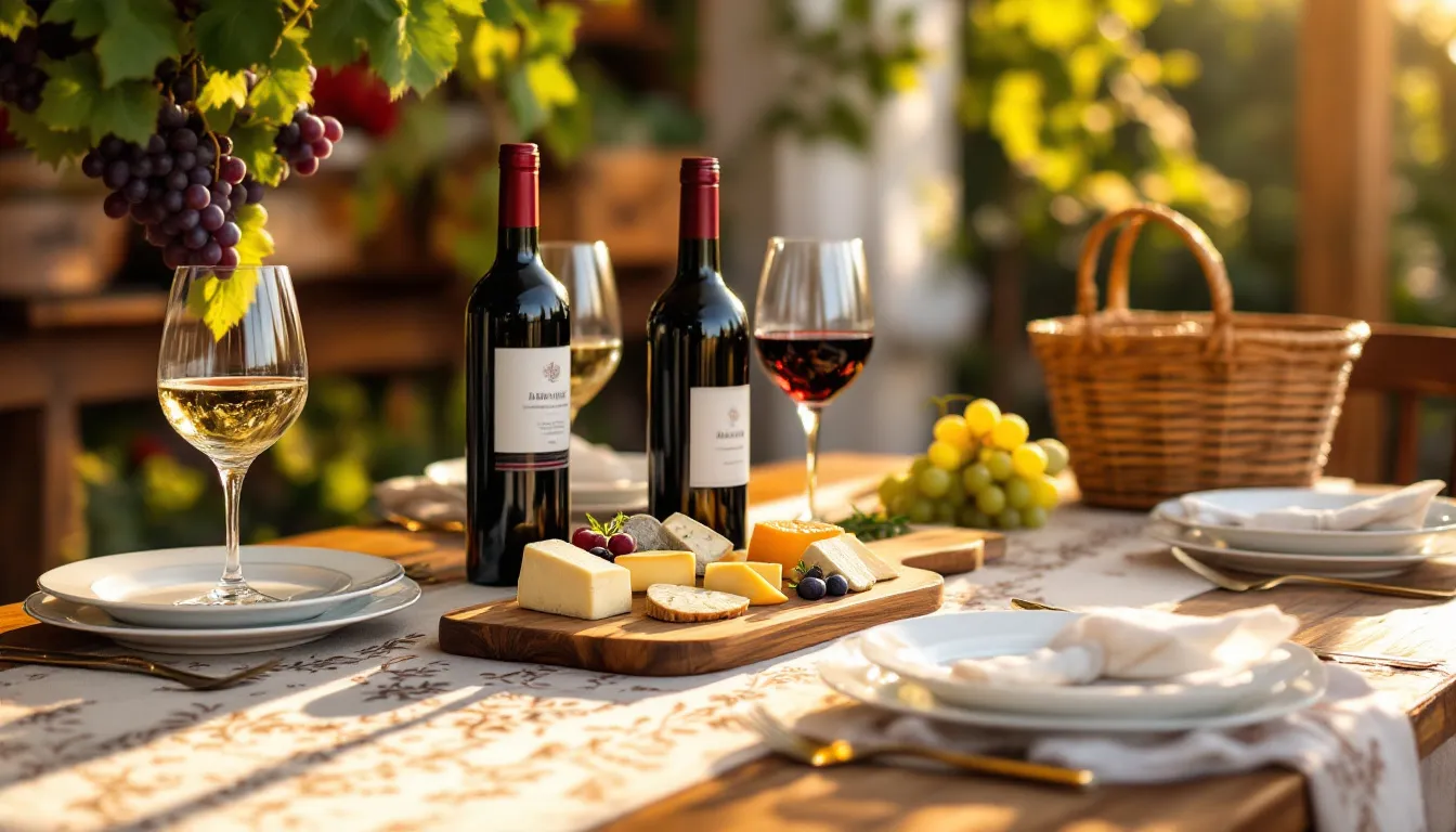 An elegant table setting features two wine bottles, beautifully arranged wine glasses, a cheese board with assorted cheeses, and fresh grapes, all illuminated by soft, warm lighting in a rustic kitchen or outdoor patio, creating a perfect atmosphere for a wine tasting experience with friends. This aesthetically pleasing arrangement would make a fantastic gift for a birthday celebration, ensuring lasting memories on a special day.