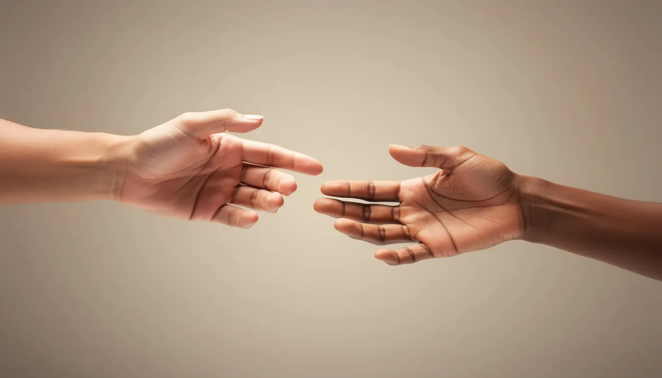 The image depicts two hands reaching toward each other, symbolizing support and connection, which is essential for mental health and combating workplace depression. This gesture highlights the importance of compassion and understanding in managing mental health symptoms, particularly in a challenging work environment.
