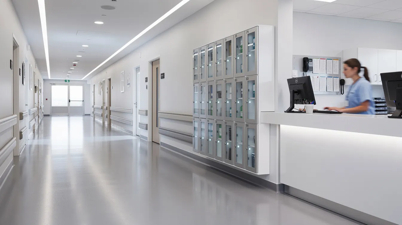 The image depicts a modern hospital corridor featuring sleek, wall-mounted phone storage lockers designed for secure storage of mobile devices. These lockers, located beside a nursing station, provide individual compartments that ensure safety and compliance with facility policy while supporting staff workflow and minimizing distractions.