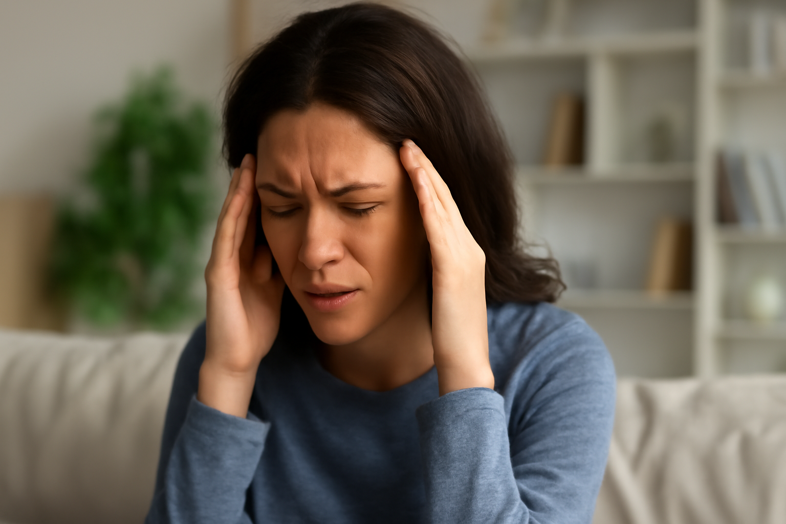 Kvinne i 30-årene som holder hodet og ser ut til å lide av hodepine i et koselig rom med beige sofa.