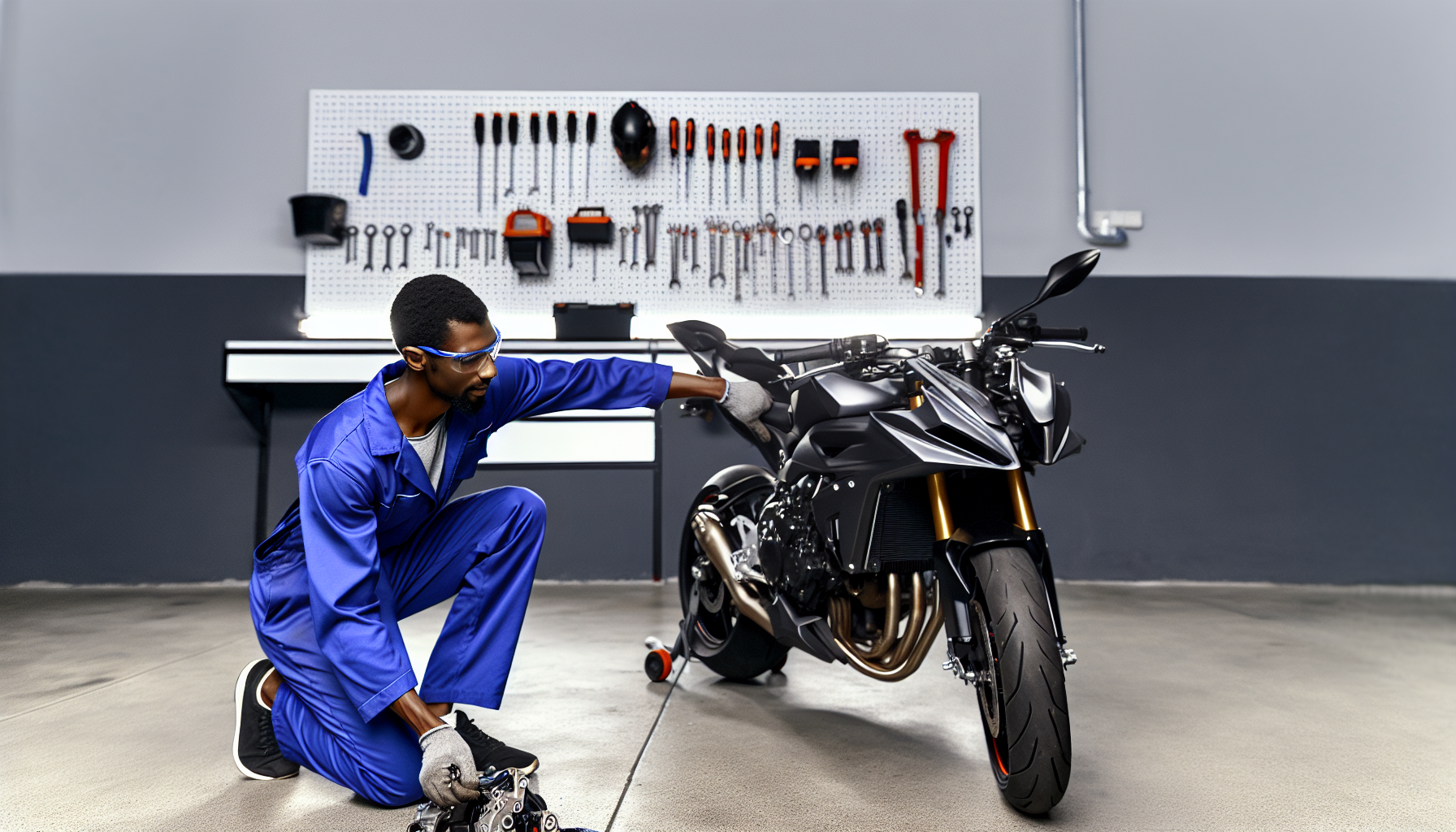 Mechanic performing maintenance on a motorcycle