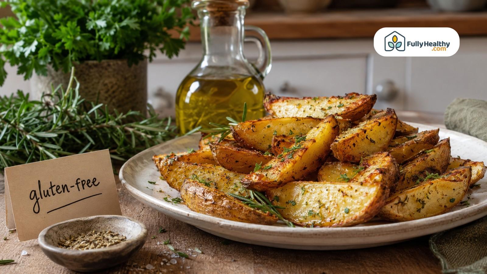Crispy potato wedges with herbs, olive oil, and gluten-free note card