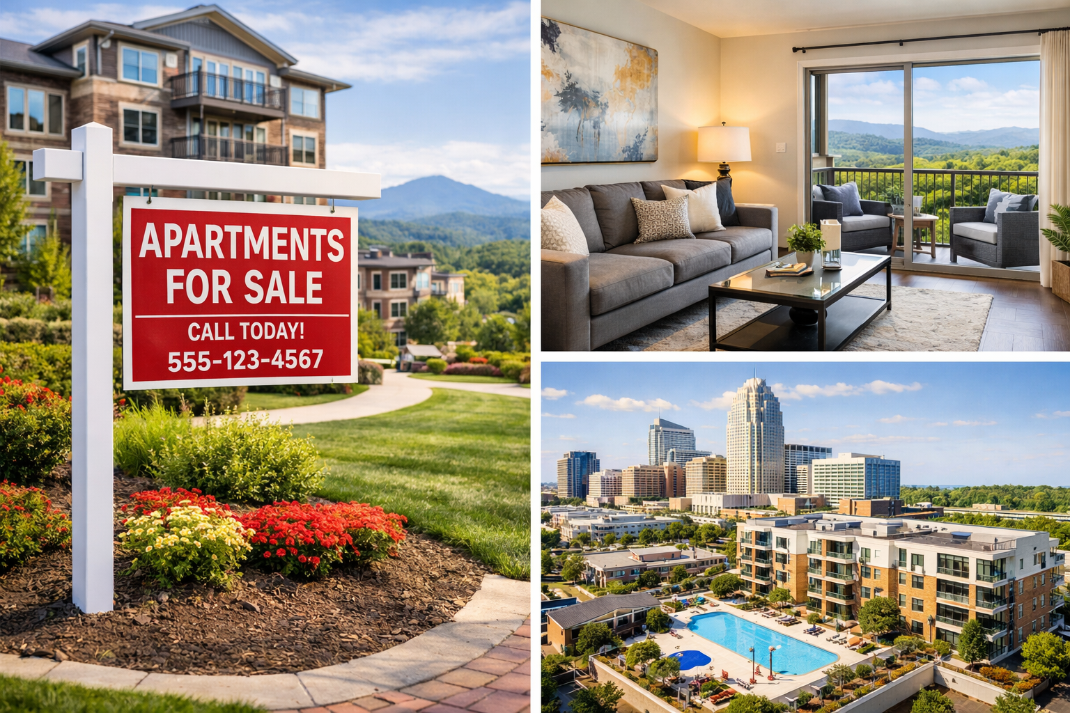The image depicts a modern apartment building with sleek architecture, featuring multiple balconies and large windows, situated in an urban environment. This contemporary design enhances curb appeal, attracting potential buyers in the competitive North Carolina housing market.