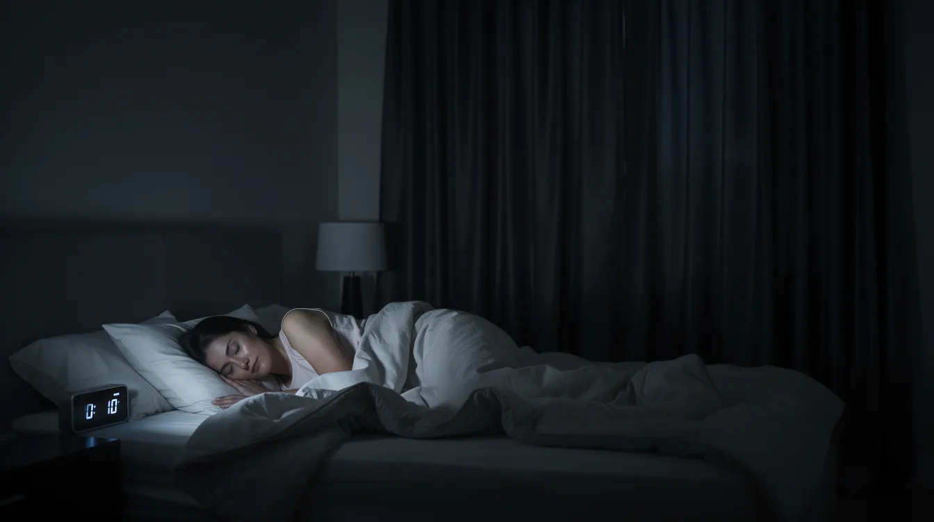 A person is sleeping peacefully in a dark bedroom, surrounded by blackout curtains that block out any light. This serene environment promotes deep sleep, which is essential for maintaining cognitive function and supporting the body&rsquo;s natural longevity pathways.