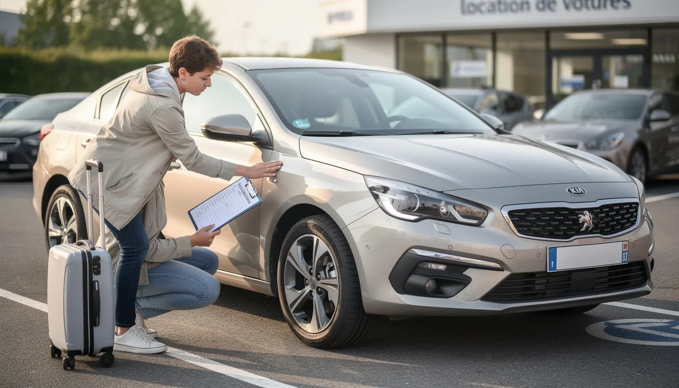 Une personne inspecte attentivement l'état d'une voiture de location avant la prise en charge, vérifiant les pneus et les dommages éventuels. Ce véhicule haut de gamme est prêt à être réservé, offrant une variété de modèles pour répondre aux besoins des conducteurs.