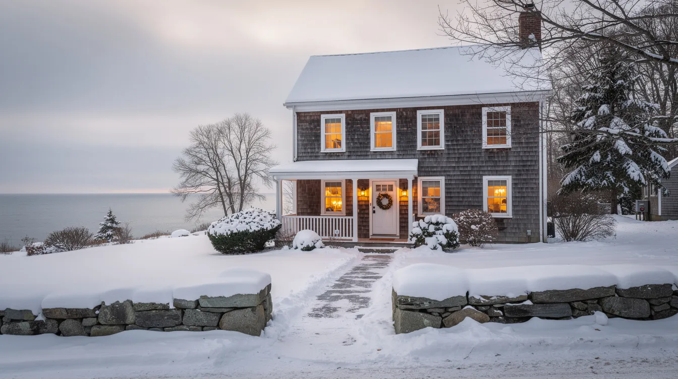 The image depicts a cozy coastal home in Connecticut, blanketed in snow, with the serene beauty of winter creating a picturesque scene. This charming property, set against the backdrop of the Connecticut shoreline, highlights the appeal of waterfront living during the colder months.