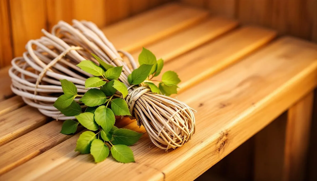 The image features a traditional birch whisk with fresh green leaves resting on a wooden sauna bench, symbolizing a classic sauna experience. This natural tool is often used in sauna sessions to enhance relaxation and improve circulation, contributing to numerous health benefits.