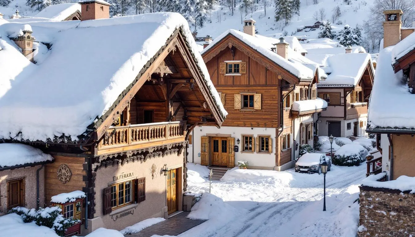 The image depicts traditional Swiss-style architecture in Ifrane, Morocco, blanketed in heavy snowfall, creating a picturesque winter scene. Surrounded by the mountainous regions of the Middle Atlas Mountains, this small town is a popular destination for winter sports enthusiasts and visitors seeking to enjoy the snowy conditions.