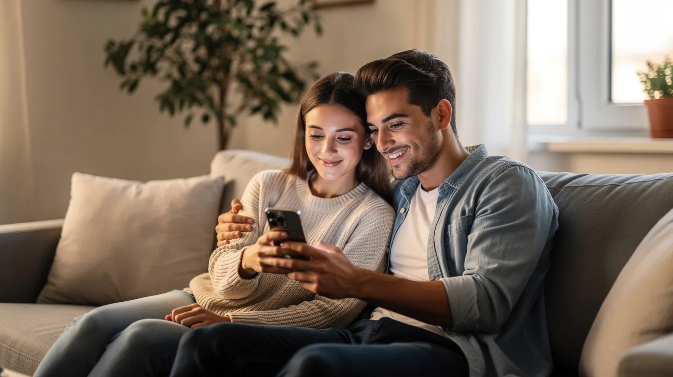 A young couple sits closely together, intently looking at a smartphone screen, likely exploring relationship insights or using a love calculator to analyze their compatibility based on personality traits and zodiac signs. Their expressions show curiosity and engagement, reflecting a moment of connection and shared interest in understanding their relationship dynamics.