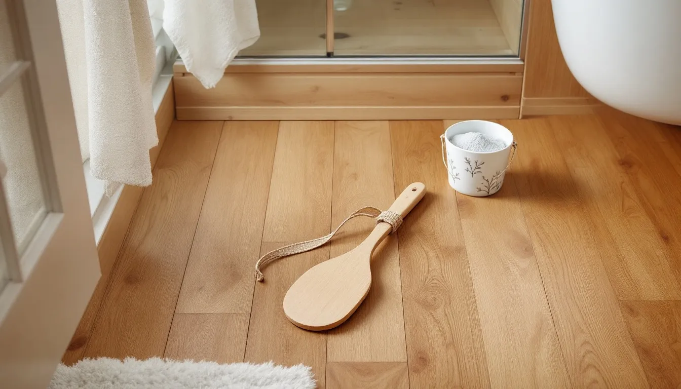 Maintenance tools for wooden floorboards in a bathroom.