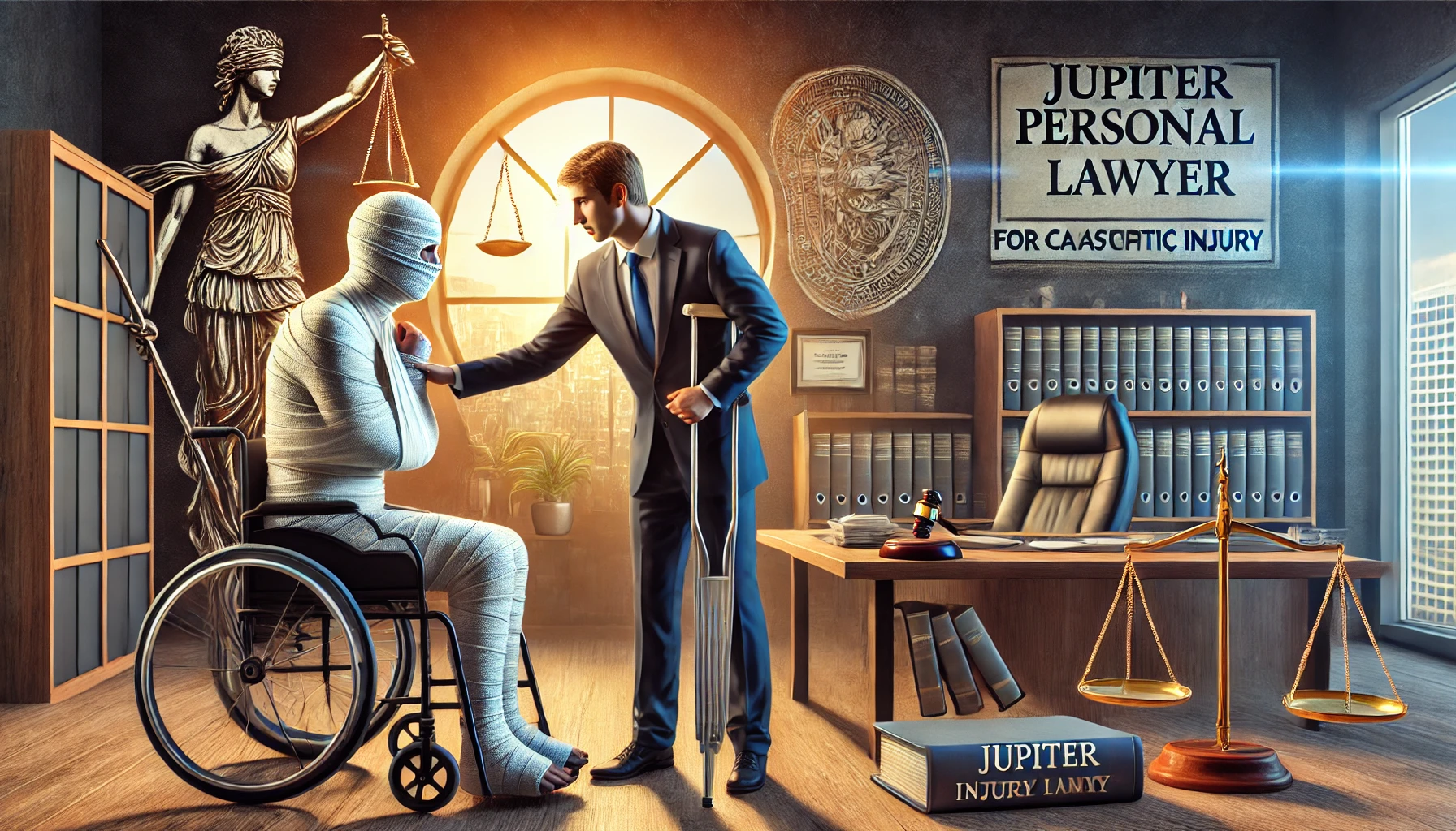 A professional and compelling visual illustrating the importance of choosing a Jupiter personal injury lawyer for catastrophic injury cases. The image features a lawyer in an office setting consulting with a client who has visible signs of injury, such as an arm cast or using a wheelchair. The background includes legal books, a certificate of expertise on the wall, and a scale of justice. The atmosphere conveys trust, expertise, and advocacy, with a focus on personal connection and understanding. The composition is in a 16:9 aspect ratio, emphasizing professionalism and support.