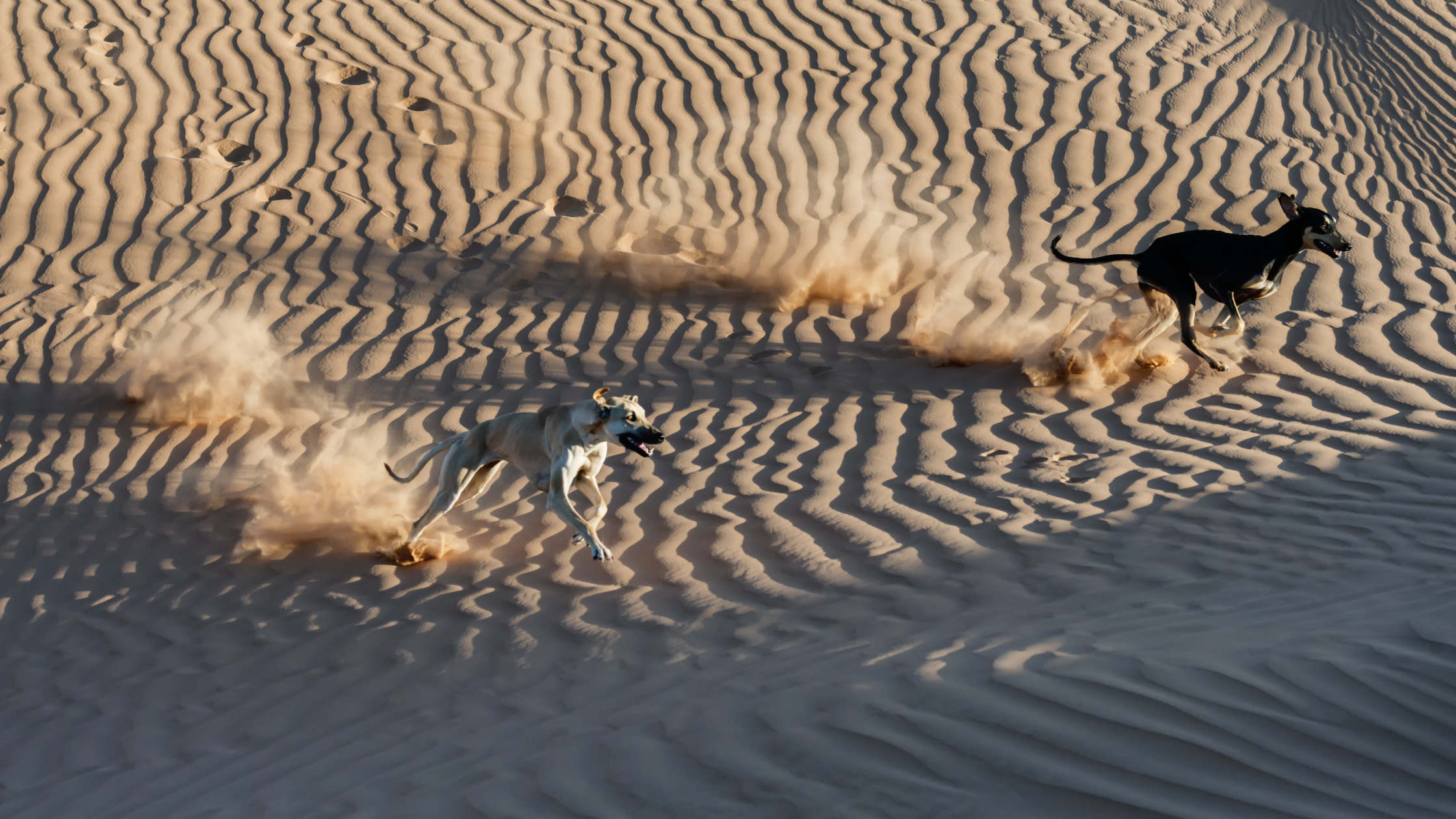 Two Sloughis running on a sand dune