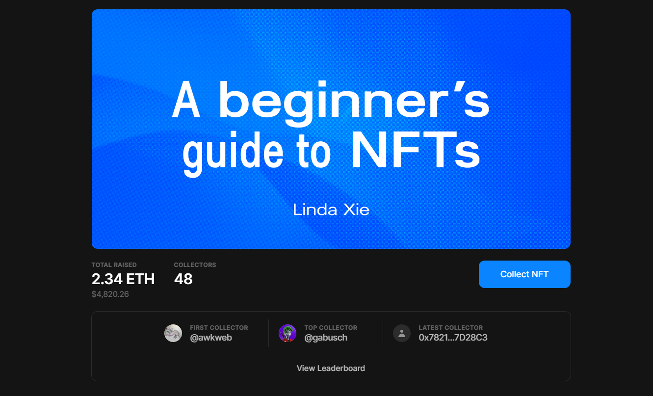 Blog post about NFTs sold for a whopping 2.34 ETH! At current values worth 4.3k USD!