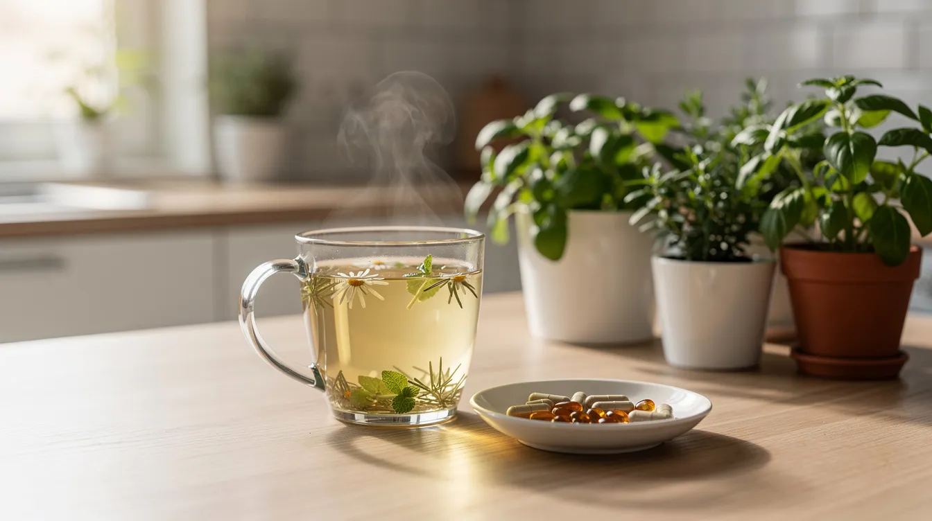 The image depicts a serene kitchen counter featuring a cup of herbal tea, a bottle of natural supplements, including valerian root and lemon balm, and vibrant green plants, creating a calming atmosphere that promotes mental health and relaxation. This setup suggests a focus on reducing anxiety symptoms and enhancing sleep quality through natural dietary supplements.