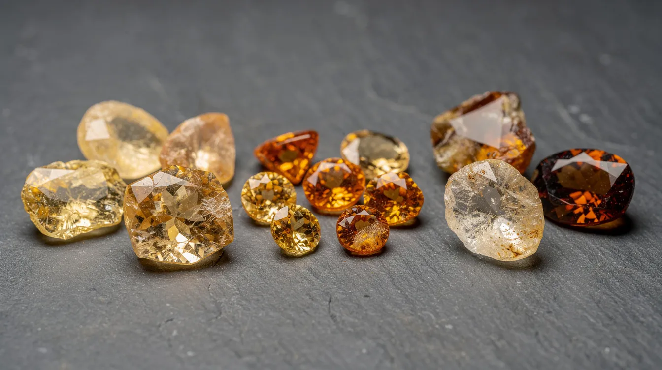 The image showcases a stunning array of citrine gemstones, ranging from pale lemon yellow to deep amber hues, highlighting Brazil as the primary source of this vibrant yellow stone. Among the citrine crystals, some unique specimens from Bolivia are visible, emphasizing their rarity and appeal to collectors, while the overall display reflects the healing properties and positive energy associated with natural citrine.