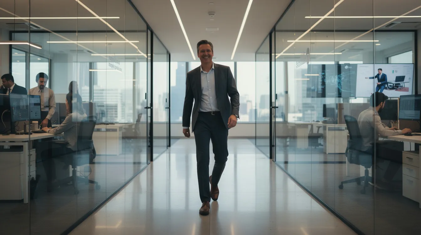 The image depicts a confident professional walking through a modern tech office hallway, characterized by sleek glass walls and expansive city views, symbolizing the dynamic environment of data analytics and cybersecurity. This setting reflects the importance of skilled professionals in fields like network security and threat detection, emphasizing their role in protecting organizations' digital assets.