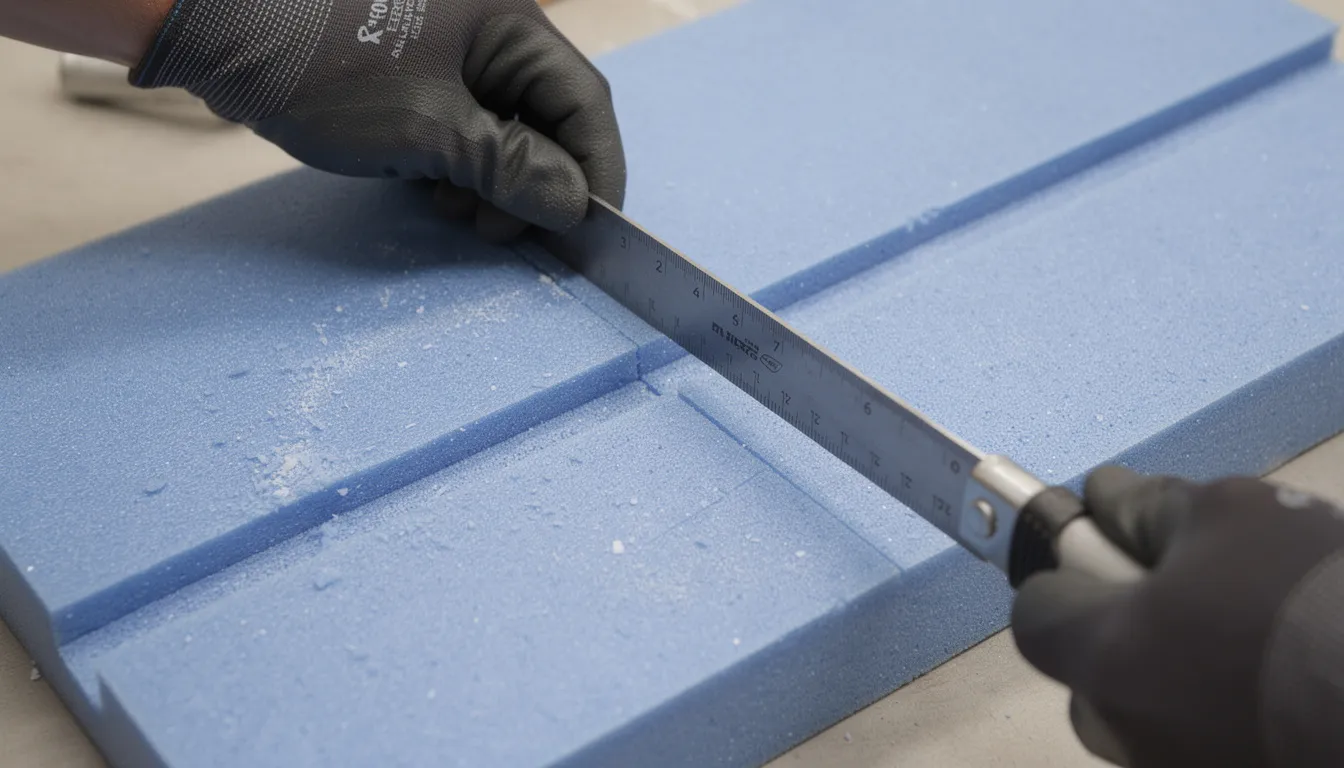 A close-up image shows hands using a utility knife to cut through a blue rigid foam insulation board, positioned against a metal ruler for precision. This foam insulation is often utilized in DIY cold plunge projects to help maintain colder water temperatures in ice baths during winter.