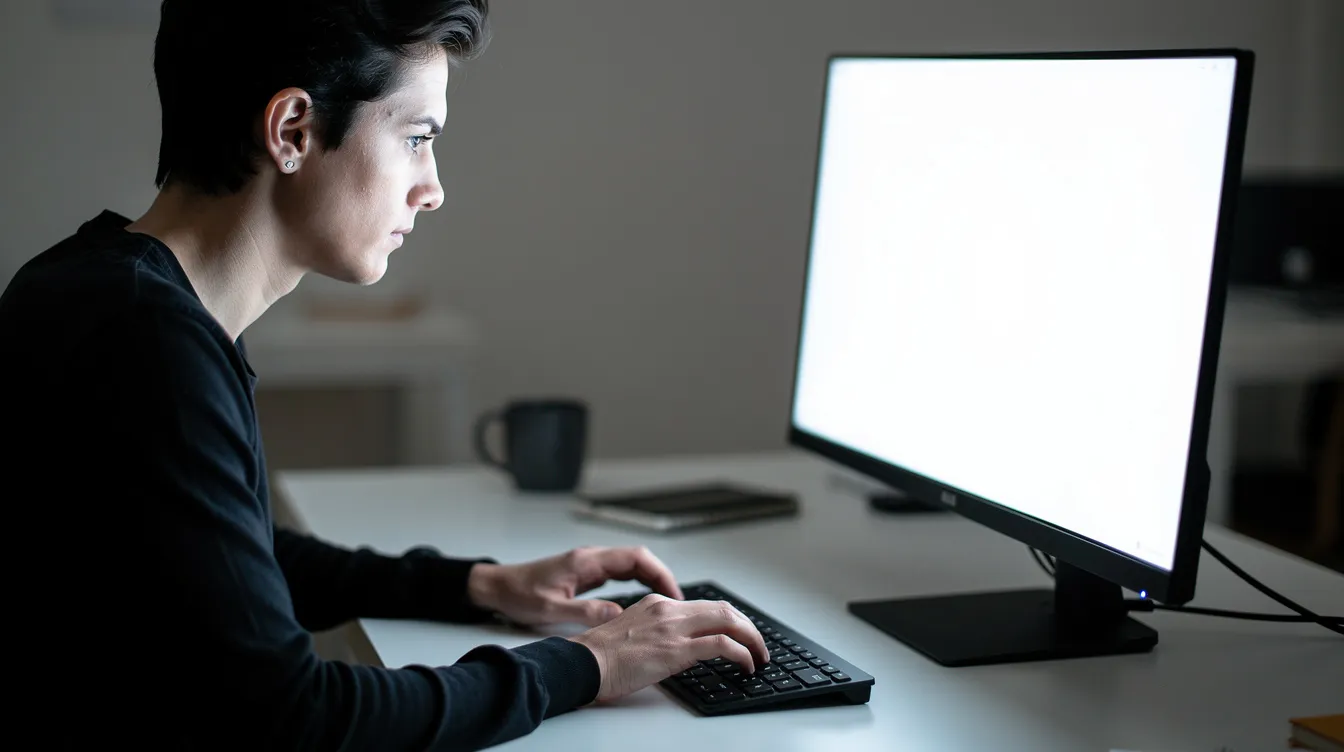 Eine Person sitzt konzentriert vor einem Computerbildschirm und tippt auf einer Tastatur, während sie sich mit der Online-Abrechnung beim DMRZ beschäftigt. Sie scheint Informationen über das Gesundheitswesen und die Abrechnung von Leistungen zu suchen.