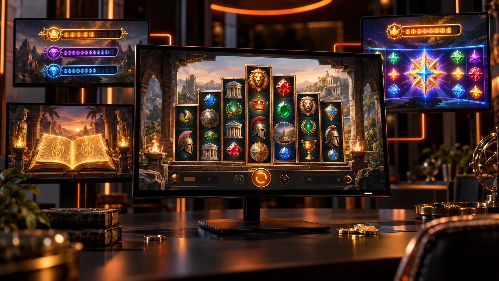 Schermen met een slot met wisselende rollen, jackpotmeters en spellen met boek- en stersymbolen.