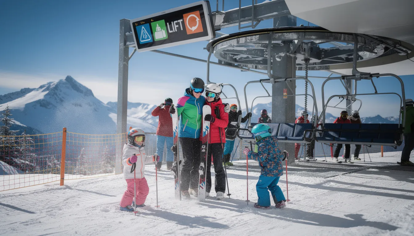 Eine Familie mit Kindern wartet an einer Skiliftstation in einer alpinen Umgebung. Sie haben ihre Skikarten bereit, um in das Skigebiet Willingen zu gelangen und die Pistenkilometer zu genießen.