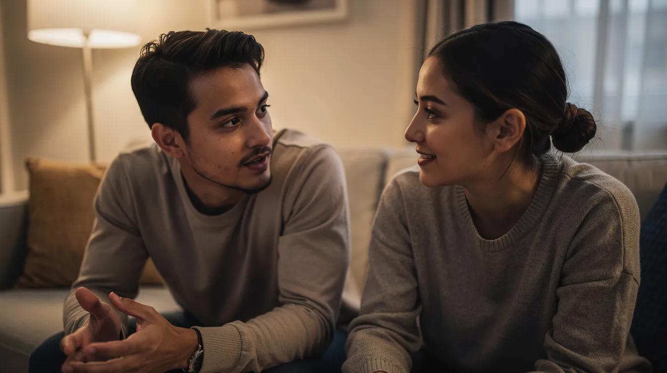 The image depicts two people sitting closely, engaged in meaningful dialogue, with one person speaking and the other listening attentively, maintaining soft eye contact. This scene reflects the importance of communication skills and mutual respect in a healthy relationship, emphasizing the need to discuss relationship problems openly.