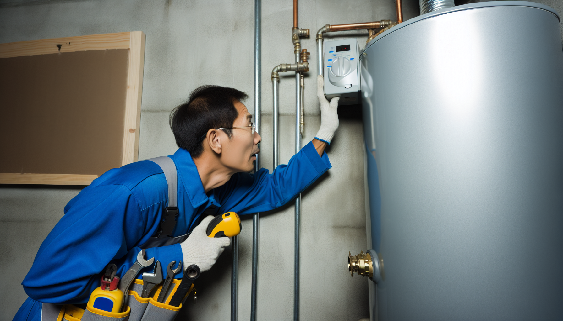 Plumber inspecting a hot water heater