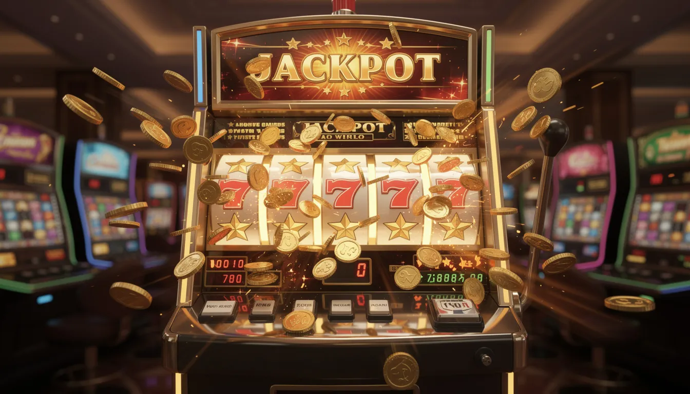 En spelautomat visar gyllene mynt och jackpottsymboler, vilket ger en känsla av spänning och möjligheten till stora vinster. Denna bild representerar en del av online casino världen, där spelare kan njuta av populära slots som Mega Moolah och Immortal Romance.