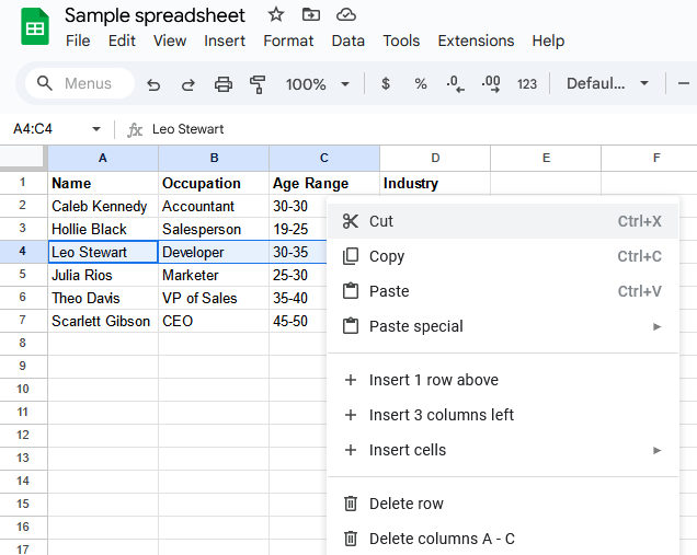 A screenshot of a Google Sheets spreadsheet with the right-click menu open.