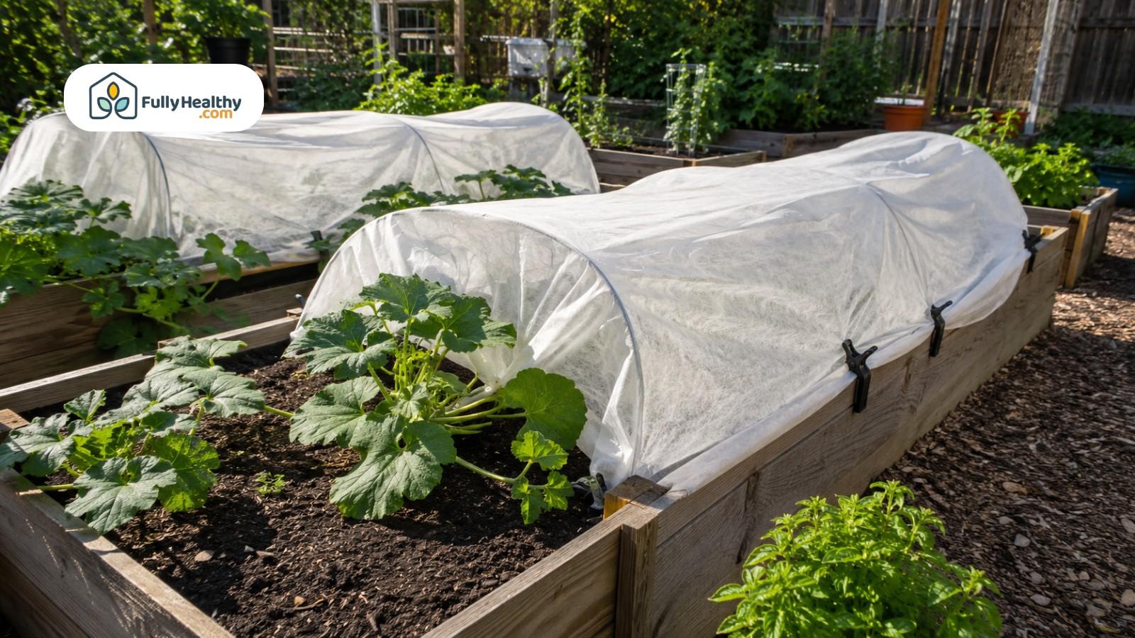 Squash plants growing under row covers in sunny raised garden beds