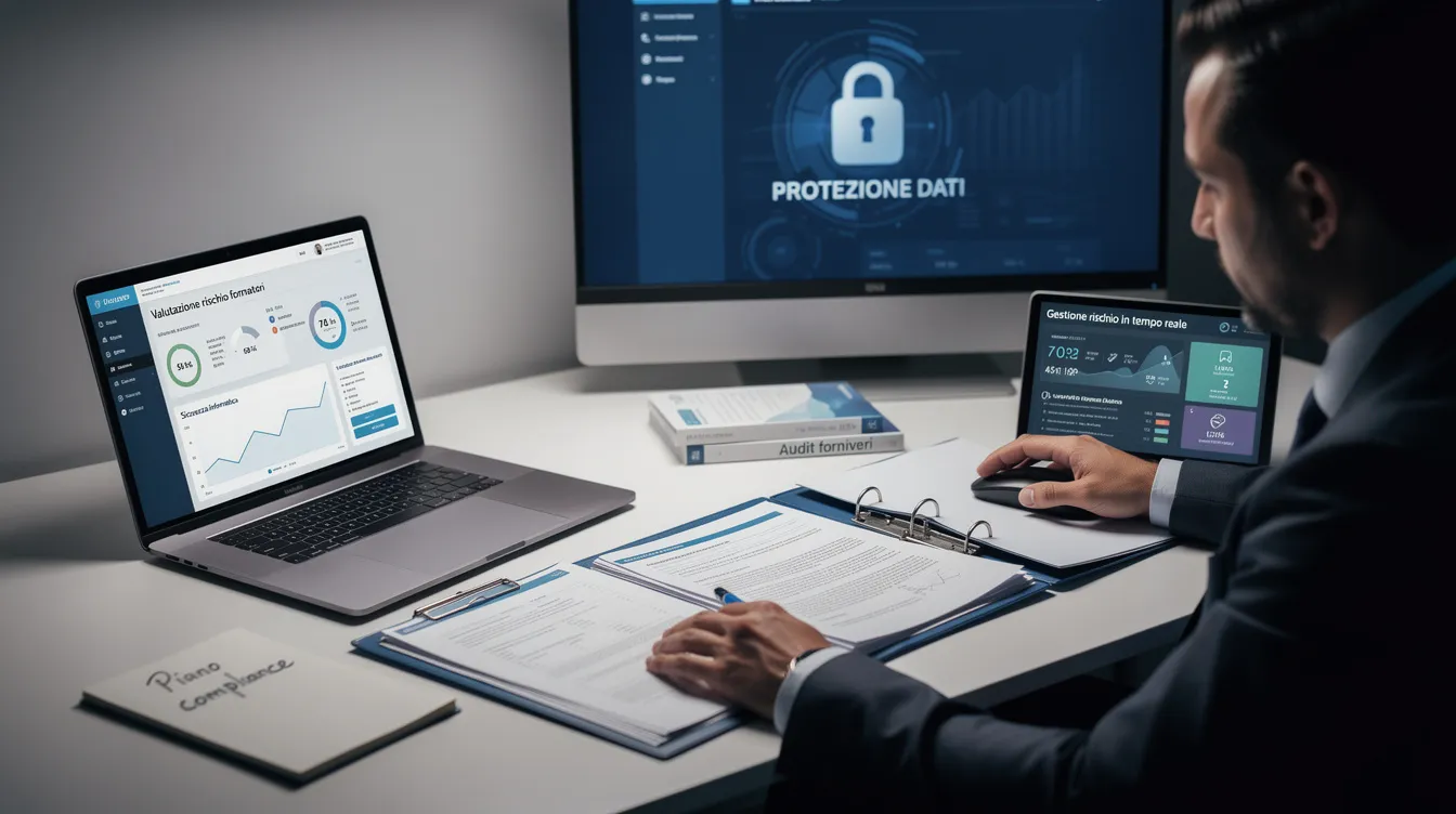 Un professionista esamina attentamente documenti digitali e cartelle su una scrivania, affiancato da un laptop e un tablet, mentre gestisce la sicurezza informatica e la valutazione del rischio dei fornitori in tempo reale. L'ambiente di lavoro riflette un contesto focalizzato sulla gestione del rischio e sulla compliance, evidenziando l'importanza della sicurezza dei dati e delle informazioni.