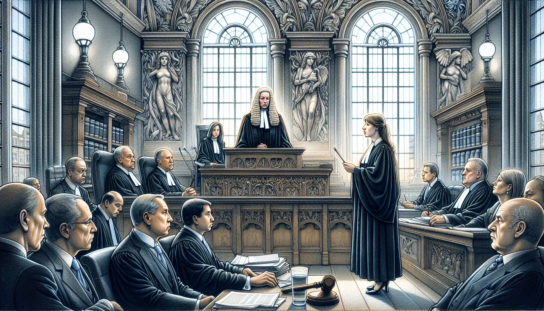 Illustration of a court room with a judge and attorneys