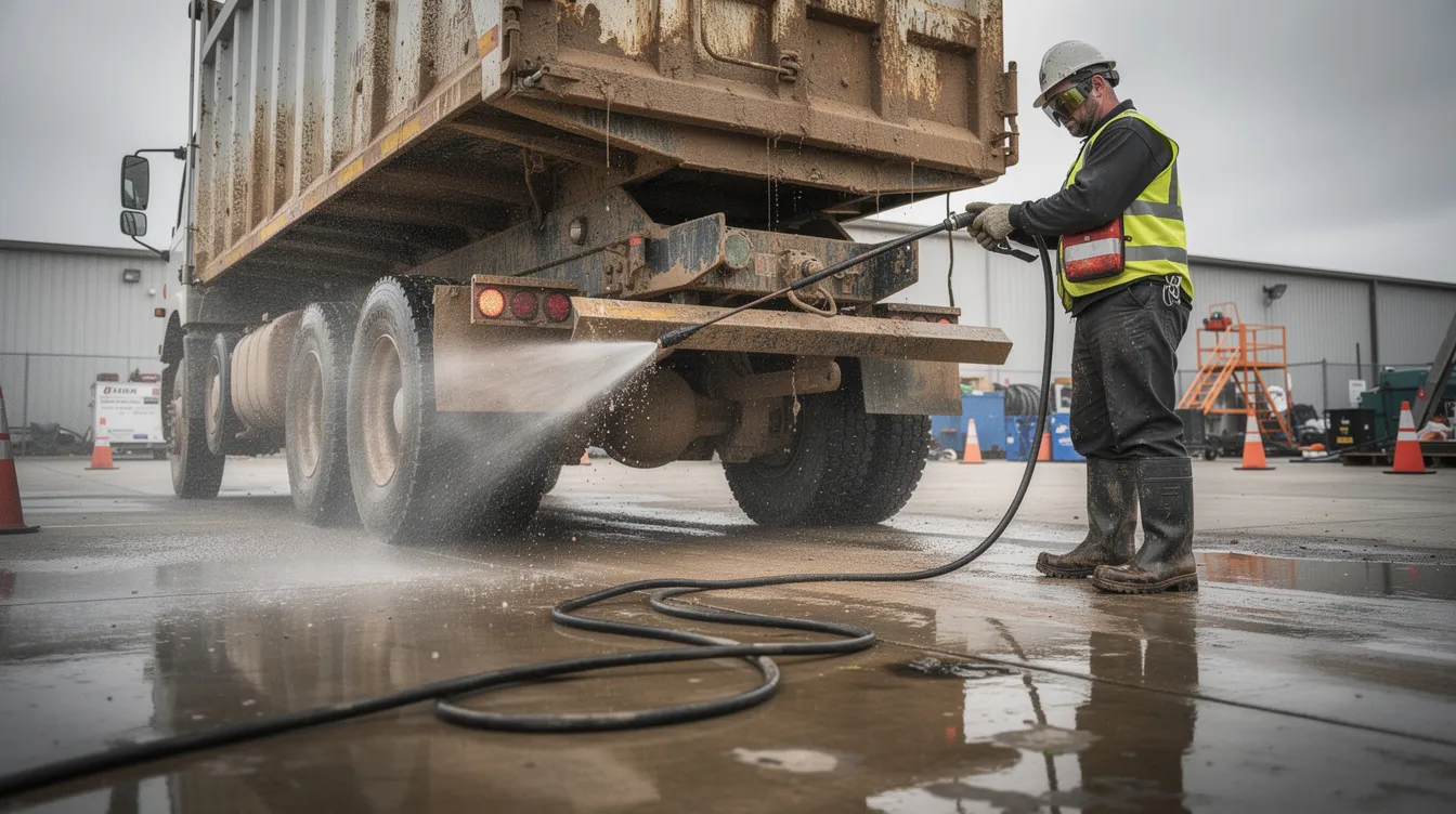 A person is power-washing the undercarriage of a large commercial dump truck in a service yard, ensuring the heavy-duty vehicle is clean and well-maintained for business use. This scene highlights the importance of proper service for trucks, which can accommodate the specific needs of customers in New Jersey.