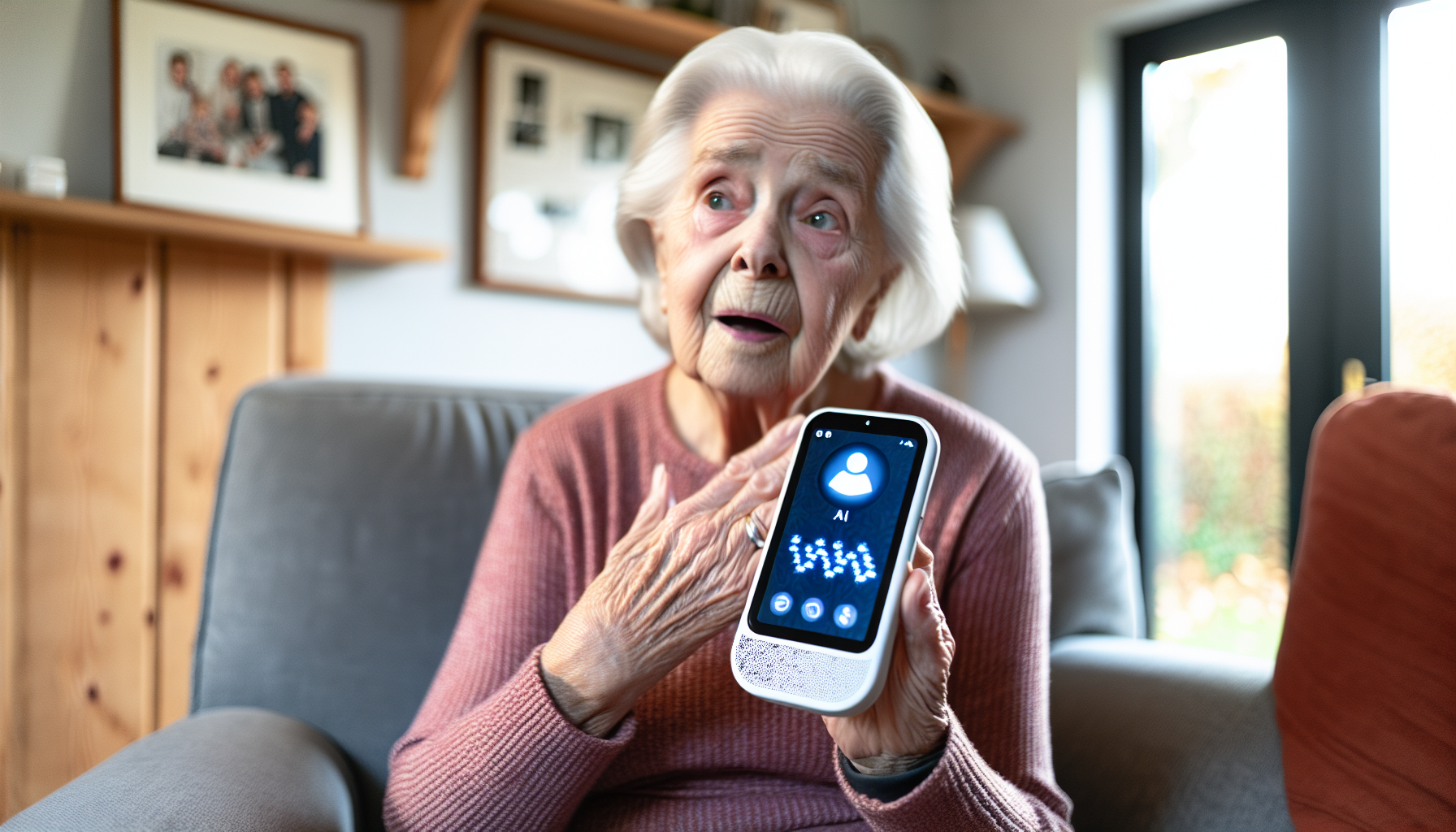 A photo of a senior receiving an emergency alert from an AI companion. AI for Seniors.