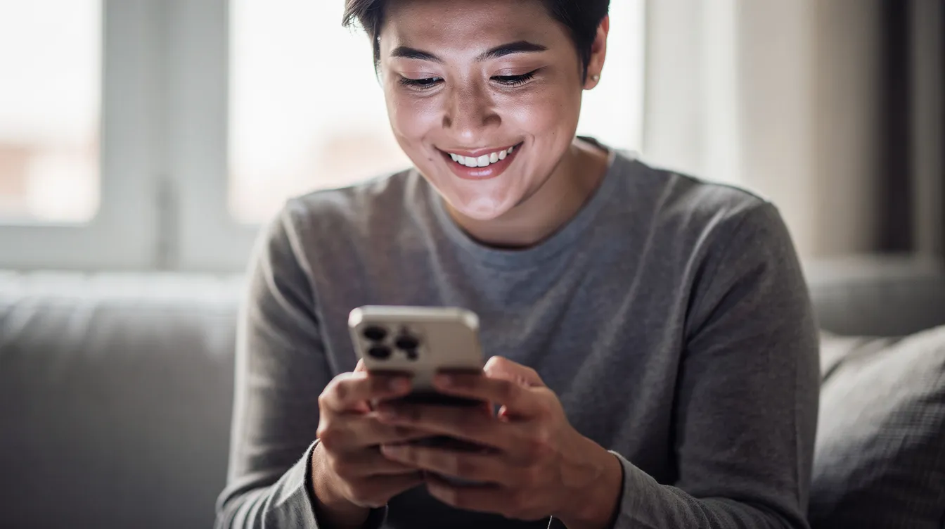 A person is smiling while looking at their smartphone screen, possibly engaged in a conversation on a dating app. This moment captures the excitement of online dating as they connect with someone new, highlighting the importance of exchanging numbers for future communication.