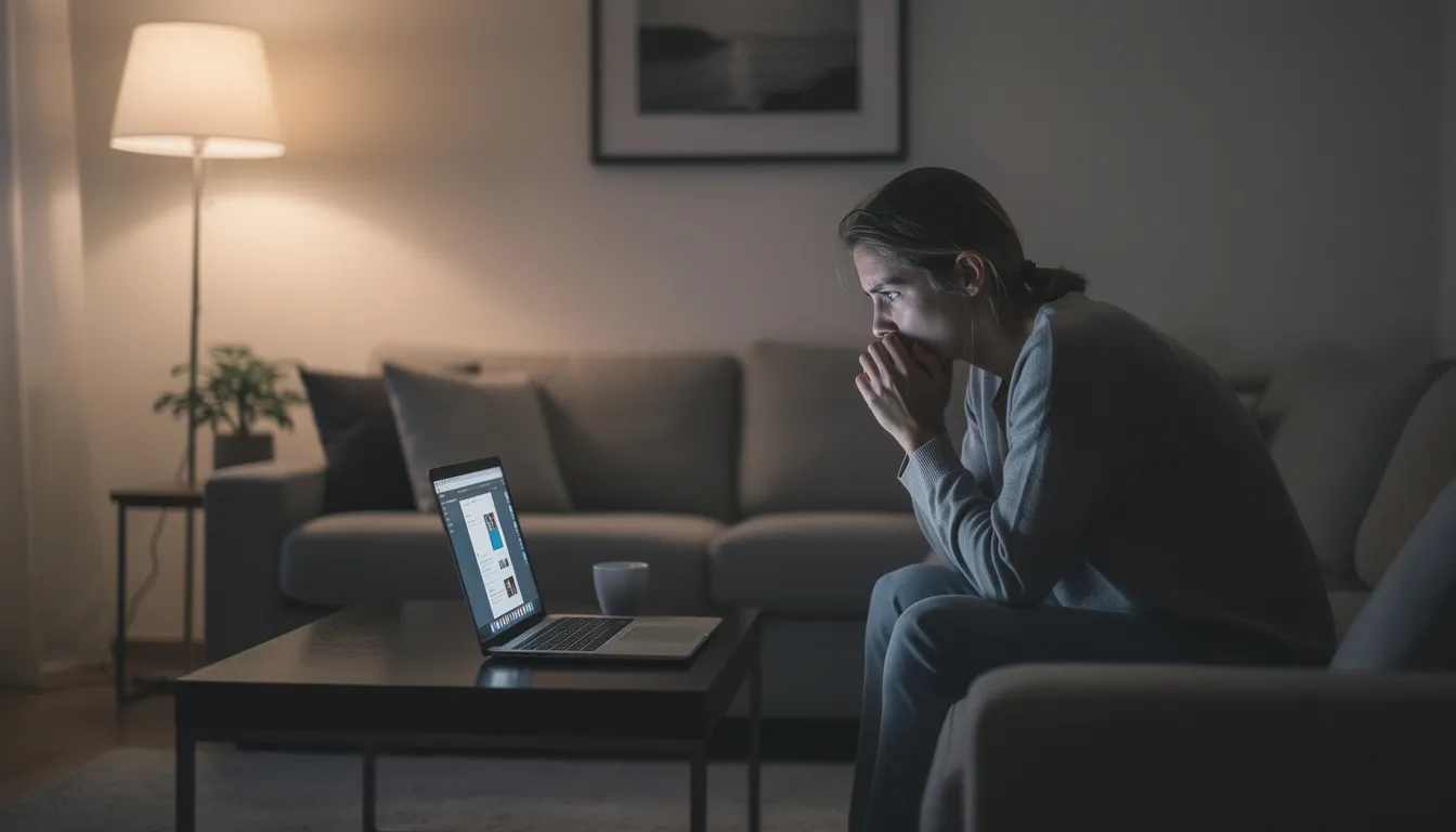 Une personne assise devant un ordinateur portable dans un salon, affichant une expression préoccupée, semble s'inquiéter des arnaques liées aux cryptomonnaies et aux investissements en ligne. L'ambiance dénote une situation stressante, peut-être en lien avec des fraudes sur des plateformes de trading ou des réseaux sociaux.
