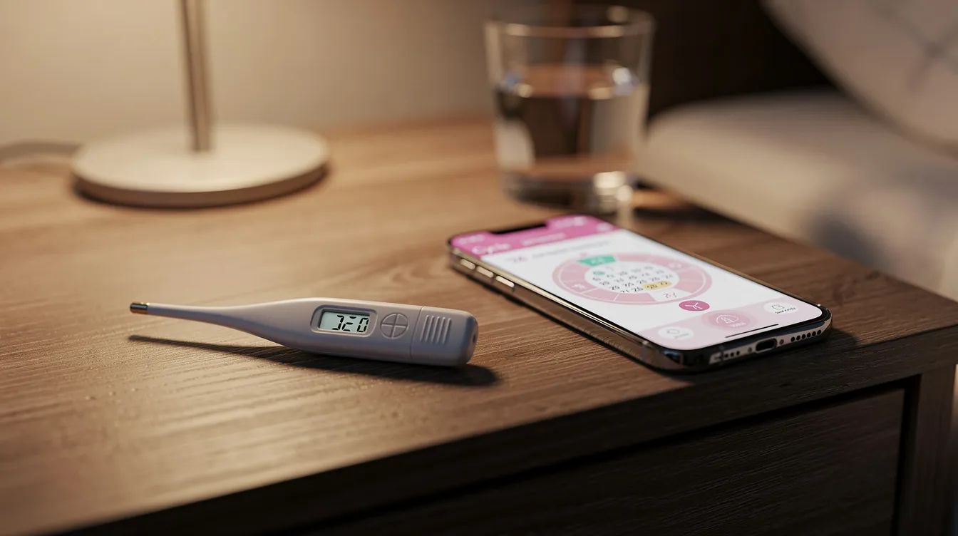L'image montre un thermomètre digital posé sur une table de nuit, à côté d'un téléphone affichant une application de suivi de cycle menstruel. Cet outil peut aider à déterminer le moment de l'ovulation, essentiel pour les femmes cherchant à tomber enceinte.