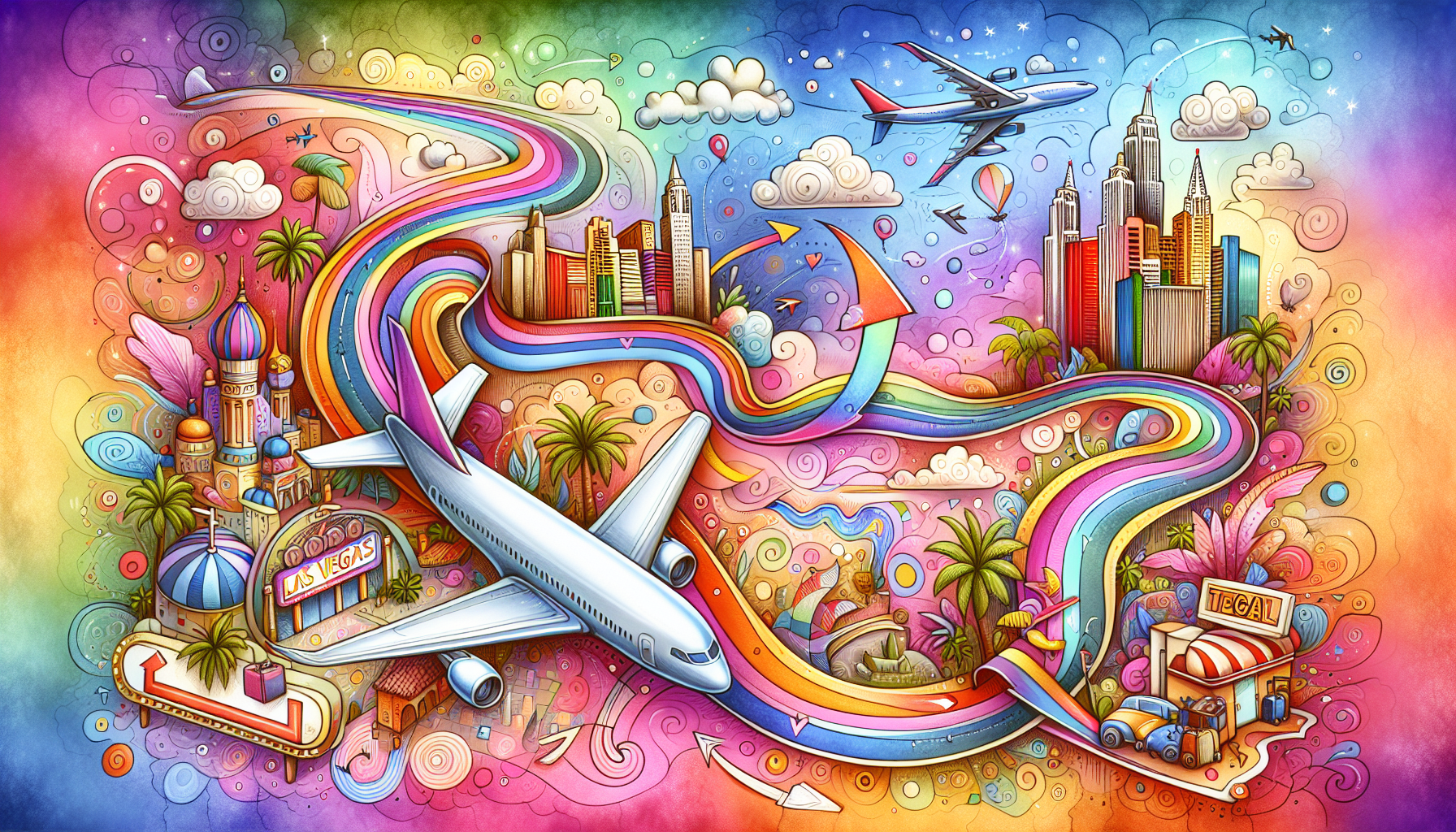 An artistic depiction of one-stop flights from Boston to Las Vegas.