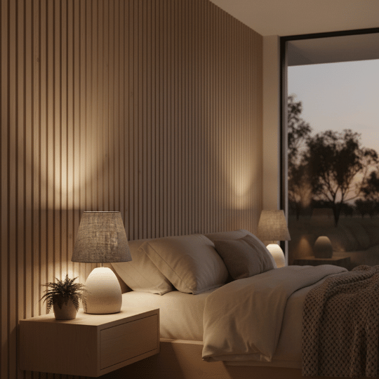 Japandi-style bedside table lamps with soft linen shades casting warm, ambient light in a serene bedroom with wooden paneling, creating a calm and minimalist atmosphere.
