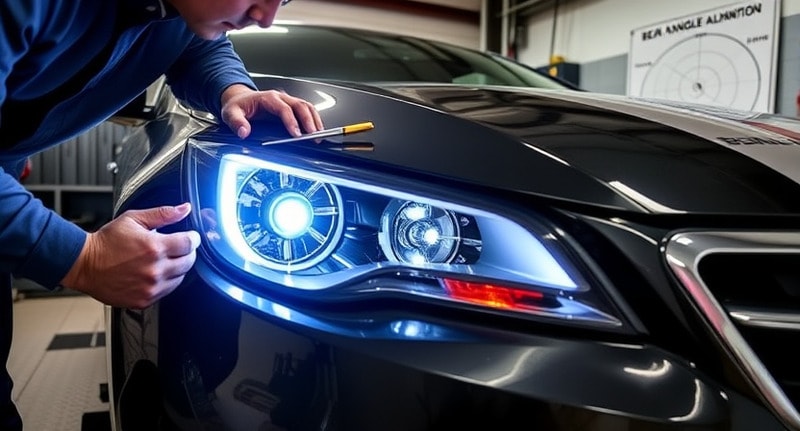 Headlights being tested in a garage