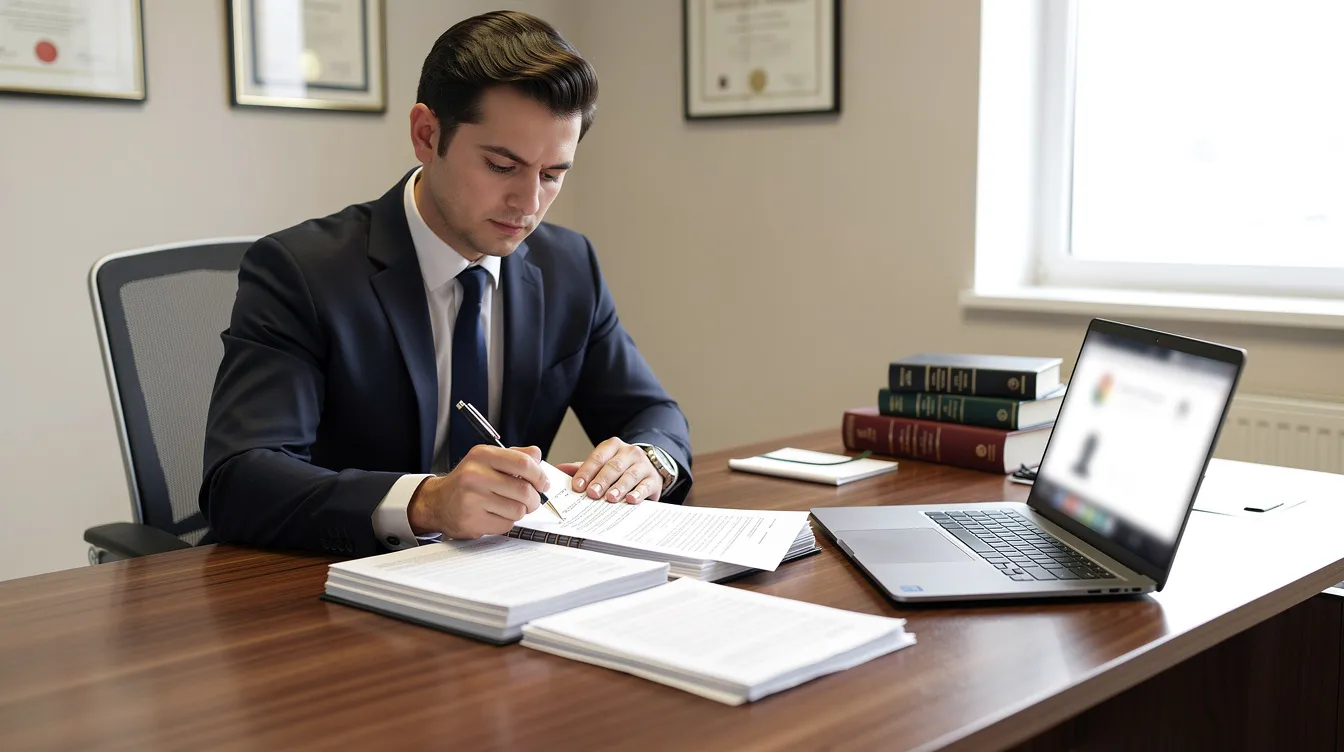 A professional is seated at a desk, intently reviewing legal documents related to family law, with a laptop open nearby. The scene suggests a focus on important matters such as marriage or domestic partnership, court orders, and the legal processes involved in divorce or domestic partnership attachments.