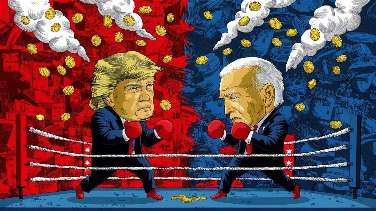 Illustration of Donald Trump and Joe Biden in a boxing ring with crypto coins