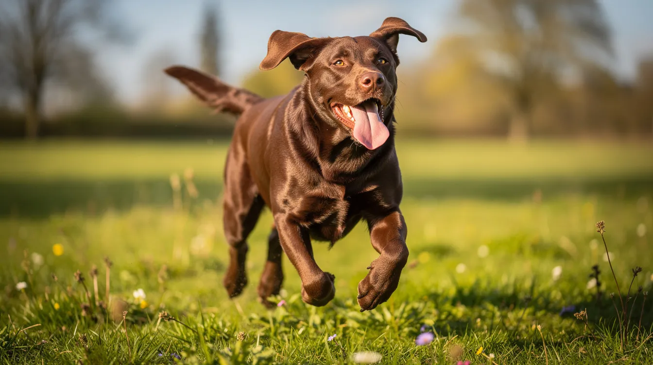 An active chocolate Labrador retriever joyfully runs through a lush green field, showcasing its healthy mobility and playful spirit. This scene highlights the importance of joint health and the potential benefits of dietary supplements like MSM for supporting the joints and overall well-being of dogs.