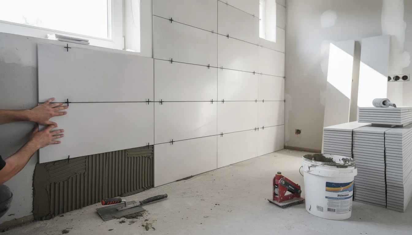 The image depicts a bathroom renovation in progress, showcasing skilled tradespeople installing ceramic floor tiles. The scene highlights the use of premium materials and modern fixtures, reflecting the careful planning and execution involved in a bathroom renovation project.