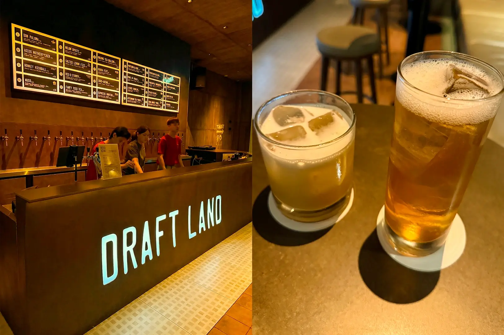 Left: An eye-level, wide-angle interior view of Live Twice bar lounge, showcasing a mid-century modern aesthetic with warm wood-paneled walls, low-profile orange fabric armchairs, small wooden stools, and soft, ambient yellow architectural lighting. Right: A close-up, three-quarter angle beverage shot of a clear stirred cocktail served in a lowball rocks glass over a large clear ice cube, resting on a textured wooden table surface.